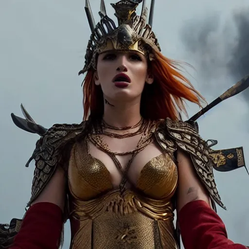 Image similar to bella thorne as the powerful goddess of war in her throne, ground mist, cinematic