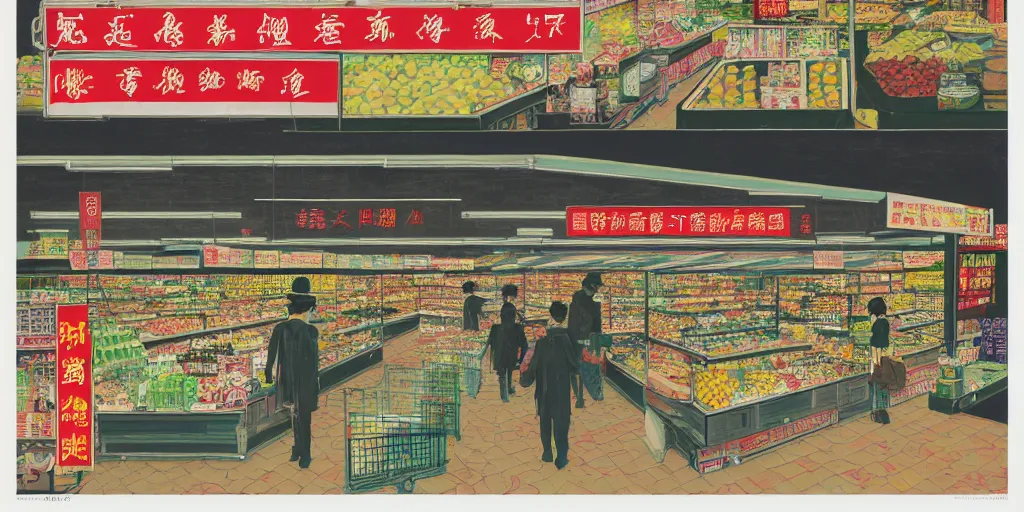 Image similar to a supermarket in hong kong, by dan mumford and peter doig and edward hopper, symmetrical, minimal, black ink, thick lines highly detailed, muted colours, overlaid with chinese adverts, 8 k