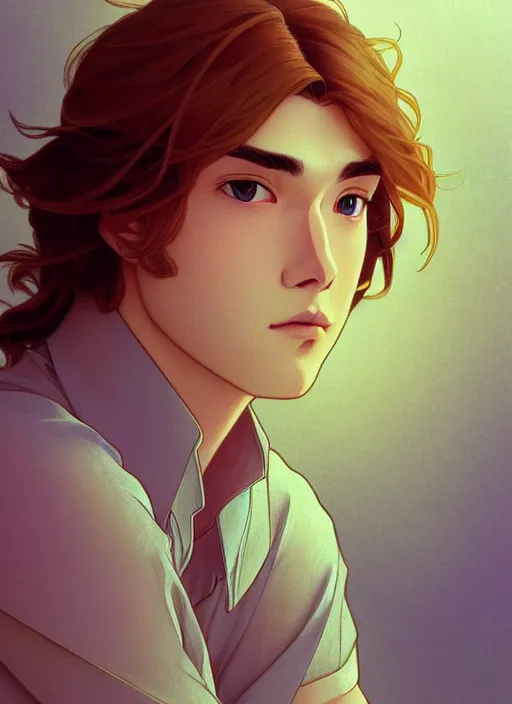 Image similar to pretty young man with shoulder length shiny shimmering golden blond hair, path traced, highly detailed, high quality, digital painting, by studio ghibli and alphonse mucha, leesha hannigan, makoto shinkai, disney