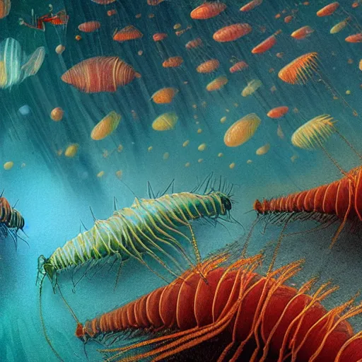 Prompt: A beautiful hyper realistic matte painting of darkfield microscopy krill Copepods Under Microscope by Justin Gerardof, John Howe, Albert Bierstadt, Alena, vivid color hues, Trending on artstation, opalescence, refraction, aesthetic plethora of ocean life precious Planktonia phytoplankton diatom protozoa