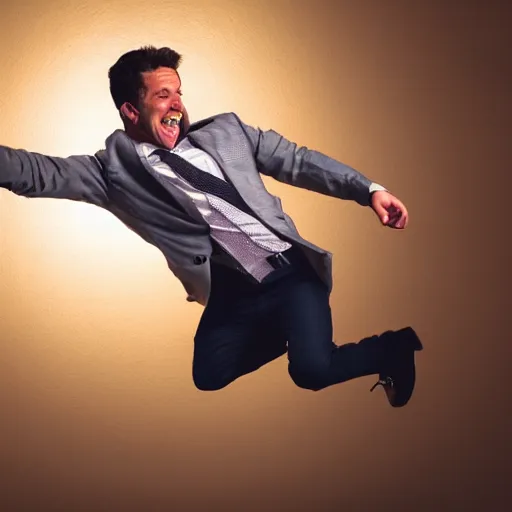 Image similar to a detailed portrait of a man boisterously dancing around the room by himself holding an empty wine bottle as he jumps in the air, detailed facial expression, fine detail, dramatic lighting, award-winning photo UHD, 4K