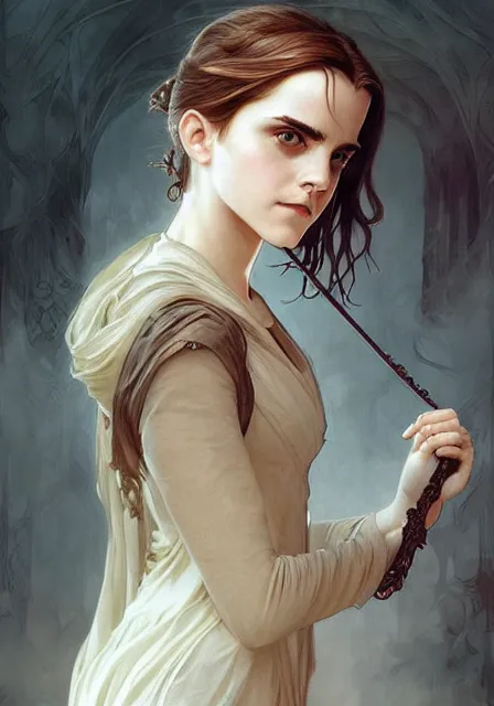 Image similar to emma watson hermione magic gothic, intricate, elegant, highly detailed, digital painting, artstation, concept art, smooth, sharp focus, illustration, art by artgerm and greg rutkowski and alphonse mucha and william - adolphe bouguereau