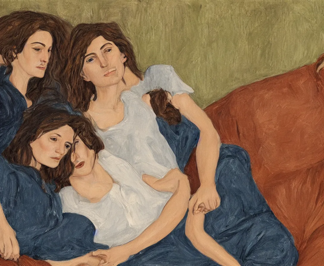 Image similar to portrait of bella and esther lying horizontal cuddling, in an old english apartment on a brown leather sofa. one is wearing a dark blue sweather, the other a white shirt. brown hair, they are looking into the camera. close up. in the style of lucien freud. oil painting. green mood. smiling