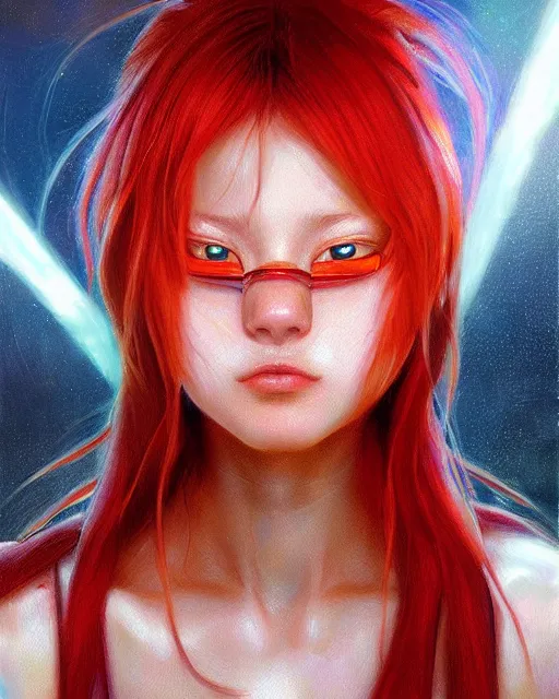 Image similar to asuka langley, award winning photograph, radiant flares, realism, lens flare, intricate, various refining methods, micro macro autofocus, evil realm magic painting vibes, hyperrealistic painting by michael komarck - daniel dos santos