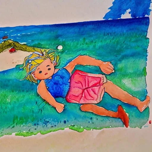 Prompt: illustration [ by a 6 year old ] of a beach trending on artstation 4 k kid drawing childs drawing watercolor painting intricate detailed