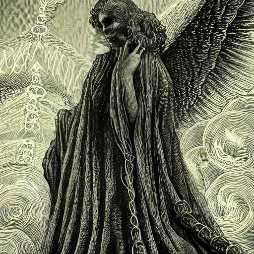 Prompt: angel with extremely complicated eniac computer, style of gustave dore, lots of wires!, moon and stars