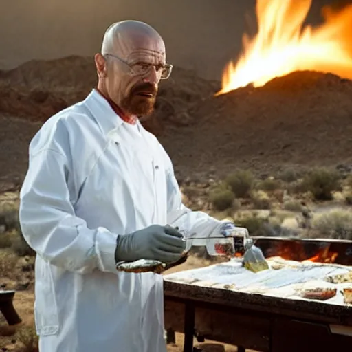 Prompt: Walter White grilling steaks in the desert, intense lighting, still from breaking bad