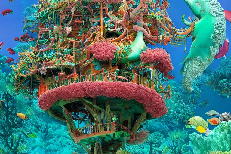 Image similar to an elaborate whimsical treehouse built under the sea, surrounded by colorful coral and dolphins, hyperdetailed photograph