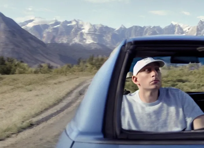 Image similar to a very high resolution image from a new movie, eminem driving a car. inside of a car. alone. mountains, directed by wes anderson