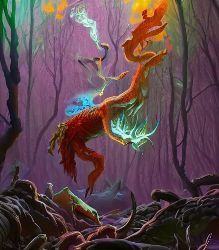 Prompt: The forest of dungeons and dragons by Alex Pardee and Nekro and Petros Afshar, and James McDermott,unstirred paint, vivid color, cgsociety 4K