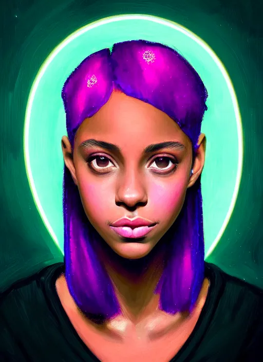 Image similar to portrait of teenage vanessa morgan with bright pink hair, black girl, curly pixie cut hair, wearing a purple breton cap, breton cap, hoop earrings, intricate, elegant, glowing lights, highly detailed, digital painting, artstation, concept art, smooth, sharp focus, illustration, art by wlop, mars ravelo and greg rutkowski