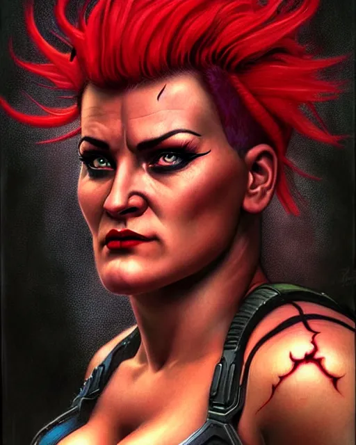 Image similar to zarya from overwatch, with an evil and crazy look inn her eyes, character portrait, portrait, close up, concept art, intricate details, highly detailed, horror poster, horror, vintage horror art, realistic, terrifying, in the style of michael whelan, beksinski, and gustave dore