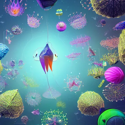 Prompt: tiny kite festival, floating, rbc, bunny, radiolaria, protophyta, micro - organisms, center frame, symmetric, rim light, marine microbiology, bioluminescence, electric, fur, soft, concept art, intricate details, highly detailed, colorful, photorealistic, disney pixar, octane render, iridescent, anime, 8 k