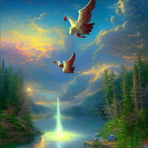 Prompt: Three alicorns flying and making magic over a lake. Thomas Kinkade, trending on artstation