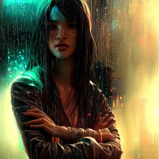 Prompt: portrait of beautiful raining cyberpunk princess, city, volumetric lighting, ray tracing, futuristic, sharp focus, vibrant, vivid, wet shiny skin, symmetry, highly detailed, 4 k digital painting, detailed skin, liquid, magical, raytracing, bubbles, artistic, concept art by artgerm, greg rutkowski, alphonse mucha, unreal engine render,