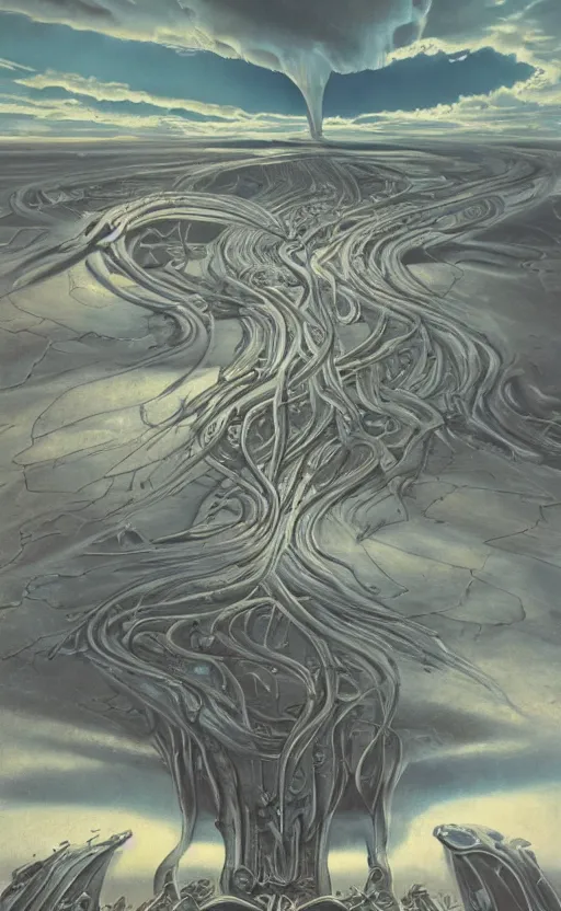 Prompt: paperback book cover by giger. 1 9 5 0 s. pure colors, melting clouds, accurately drawn details, a sunburst above a receding road with the light reflected in furrows and ruts, after rain. photorealistic. octane render. cinematic. trending on artstation. textless.