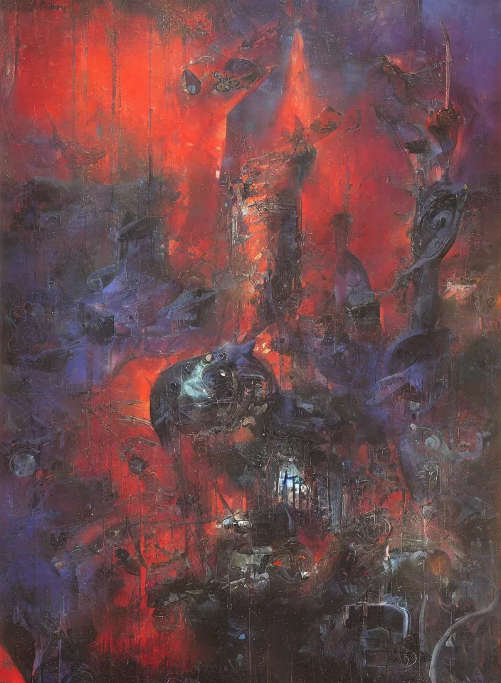 Image similar to the blind liberty of the few, red and purple palette, volume light, fog, by mimmo rotella by ( h. r. giger ) and paul lehr