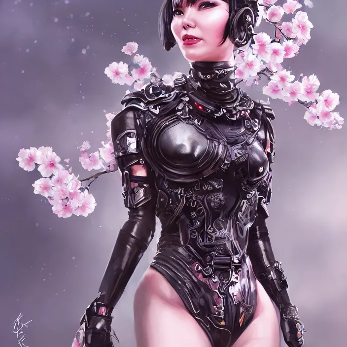 Image similar to a photograpic portrait of a anthropomorphic bjork cherry - blossom wearing futuristic black cyber outfit, fantasy, intricate, elegant, highly detailed, digital painting, artstation, concept art, smooth, sharp focus, illustration, art by artgerm