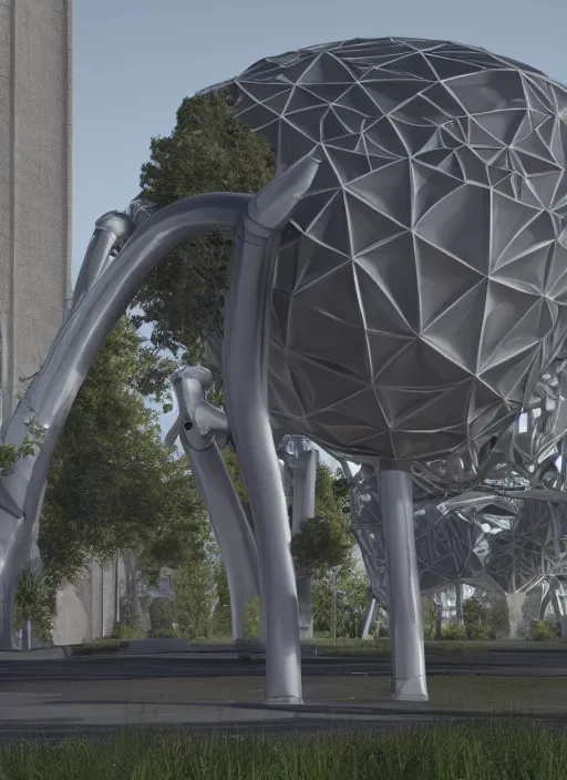 Image similar to highly detailed realistic architecture 3 d render of a futurisctic stele monument made from atomium brussels standing near a highway, archdaily, made in unreal engine 4 octane render