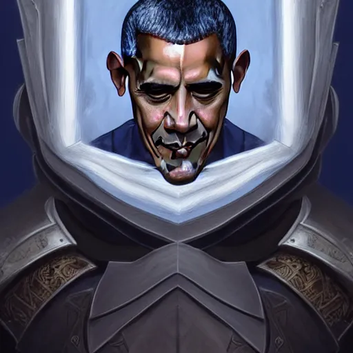 Image similar to Barack Obama's face combined with Donald Trump's face with short dark blue hair in elegant knight's armor, western, D&D, fantasy, intricate, elegant, highly detailed, digital painting, artstation, concept art, matte, sharp focus, illustration, art by Artgerm and Greg Rutkowski and Alphonse Mucha