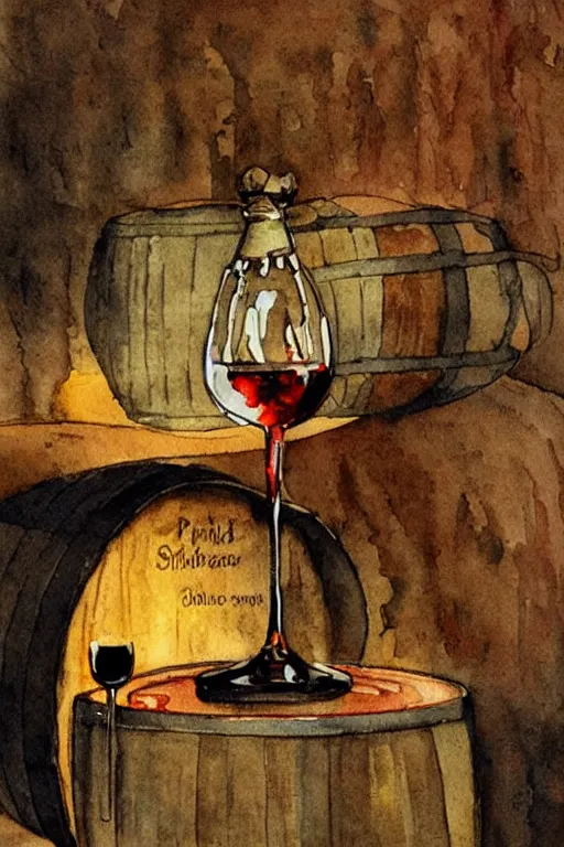 Prompt: pork schnapps wine candle on a barrel in a cellar, watercolor painting by anderz zorn and carl larsson