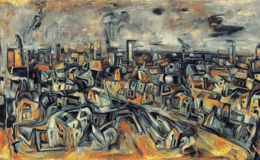 Image similar to a small dying suburban cityscape in style of Chaim Soutine and Frank Auerbach