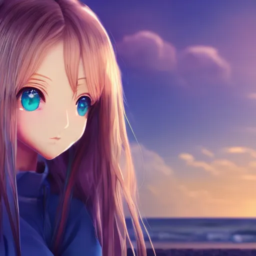 Prompt: render as a very beautiful 3d anime girl, long braided teal hair, azure blue eyes, full round face, short smile, casual clothes, serene beach setting, cinematic lightning, medium shot, mid-shot, highly detailed, trending on Artstation, Unreal Engine 4k, cinematic wallpaper