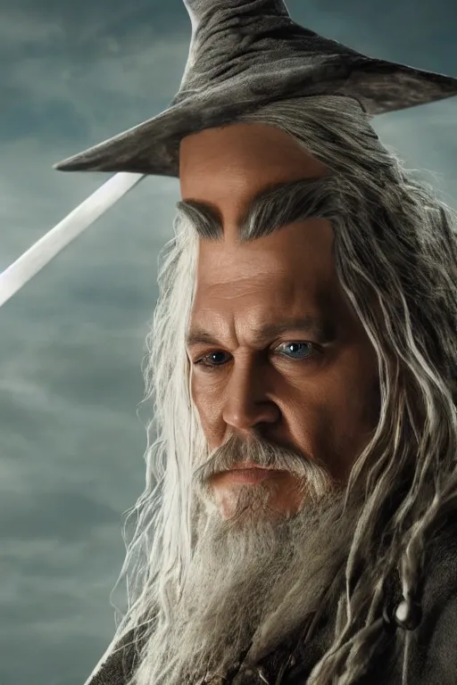 Image similar to film still of johnny depp as gandalf in lord of the rings movie, glamour pose, dramatic lighting, octane, volumetric lighting, 8 k