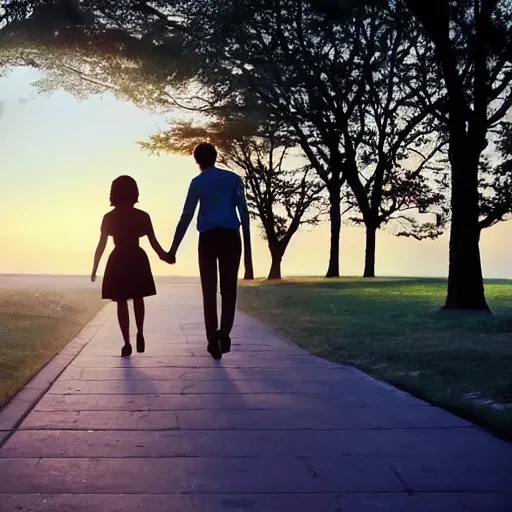 Image similar to lovers holding hands walking into the sunset in style of Makoto Shinkai