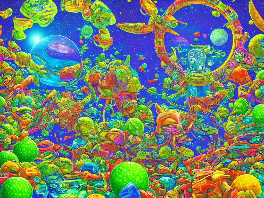 Prompt: a digital painting of an astronaut!!!!!! floating in a bright colorful alien ocean surrounded by limes!!!!!!, sharp focus, retro futuristic by todd schorr