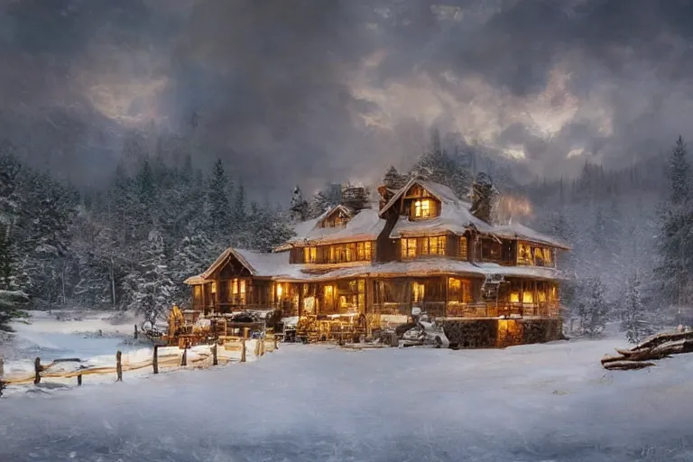 Prompt: an oil painting of an amazing landscape photo of a lake house in winter by marc adamus beautiful dramatic lighting