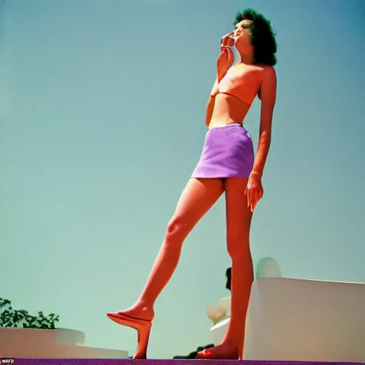 Image similar to sigma 8 5 mm f / 1. 4, monumental pale violet by slim aarons. a performance art of a young woman holding an orange