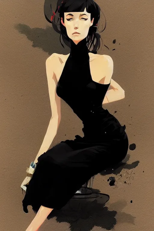 Image similar to a ultradetailed beautiful panting of a stylish woman in a black dress sitting, by conrad roset, greg rutkowski and makoto shinkai trending on artstation