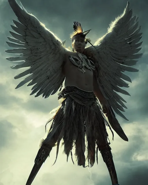 Image similar to an indigenous warrior with angelic wings, by tsuyoshi nagano, by greg rutkowski, dramatic lighting, blood, god rays, angelical, symmetrical, intricate, detailed, cinematic, masterpiece