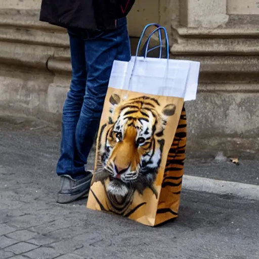 Image similar to photo of tiger with paper bag stuck over its head, in busy street