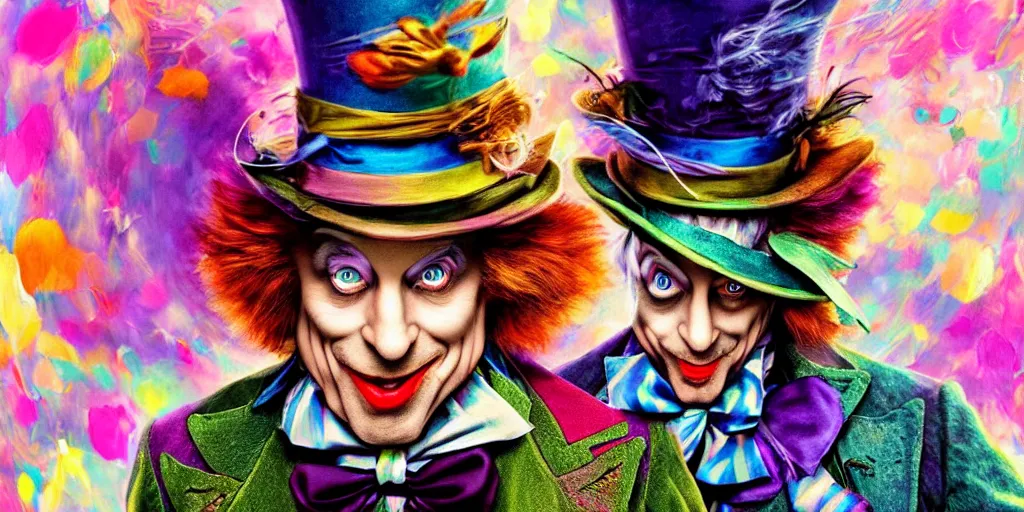 Prompt: The Mad Hatter portrait, Alice in wonderland, colorful, wide angle, super highly detailed, professional digital painting, artstation, concept art, smooth, sharp focus, no blur, no dof, extreme illustration, Unreal Engine 5, Photorealism, HD quality, 8k resolution, cinema 4d, 3D, beautiful, cinematic, art by artgerm and greg rutkowski and alphonse mucha and loish and WLOP