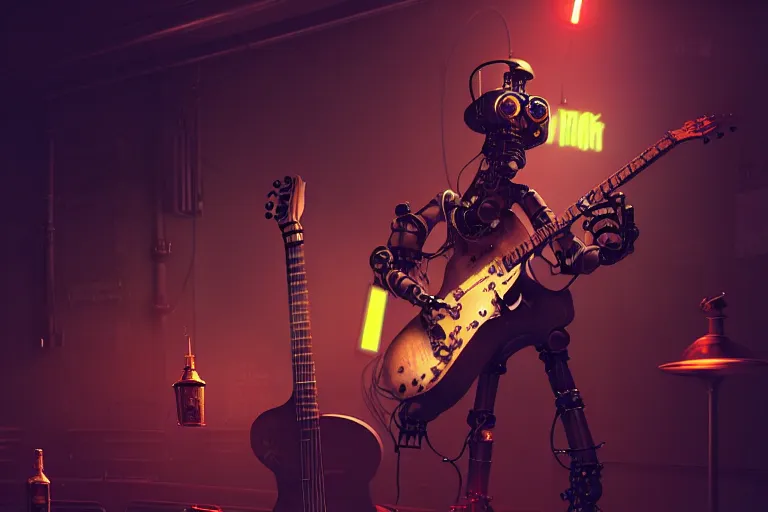 Image similar to 3 steampunk robot jazz guitarist playing at a night club, focus on the musicians, cinematic lighting, exaggerated detailed, unreal engine, octane render, trending on artstation, art by greg rutkowski, 4 k