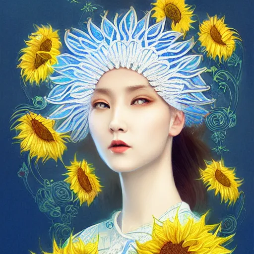 Image similar to taiwanese lady in white embroidered shirt, ukrainian national costume, filigree crown with blue and yellow textile embroidery sunflowers, intricate, elegant, digital painting, art nouveau, smooth, focus, rim light, charlie bowater, tom bagshaw, greg rutkowski