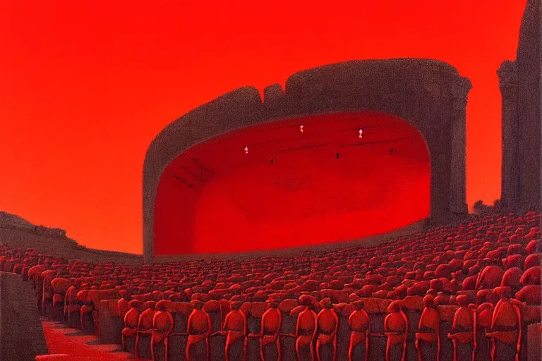 Image similar to only with red, a red great emperor, taormina amphitheatre, crowd with big smile, in the style of beksinski, parts by edward hopper, parts by rodcenko, parts by yue minjun, intricate and epic composition, red by caravaggio, insanely quality, highly detailed, masterpiece, red light, artstation, 4 k