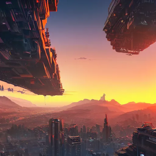 Image similar to beautiful sunset over detailed cyberpunk city in a valley surrounded by epic mountains with snowtops, sharp, highly detailed, hyperrealistic, kacper niepokolczycki, syd mead, 4 k, perfect geometry