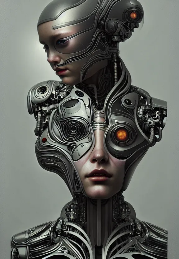 Image similar to ultra realist intricate detailed painting of a single attractive alien female, cyborg male, full body, curvy, cyborg tech, symmetry accurate features, very intricate details, focus, 8k render, artstyle Hiraku Tanaka and Tom Bagshaw, award winning