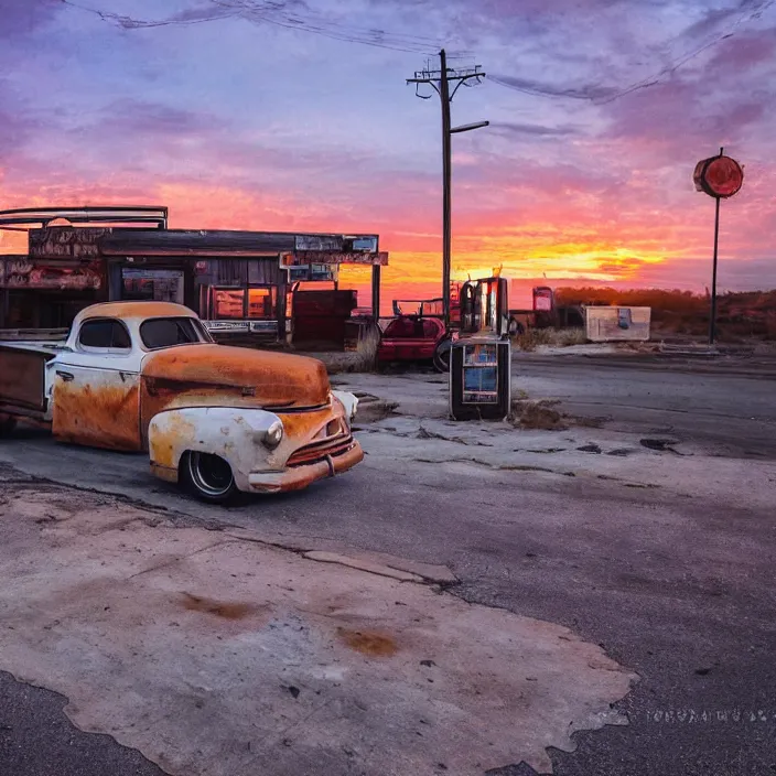 Image similar to a sunset light landscape with historical route 6 6, lots of sparkling details and sun ray ’ s, blinding backlight, smoke, volumetric lighting, colorful, octane, 3 5 mm, abandoned gas station, old rusty pickup - truck, beautiful epic colored reflections, very colorful heavenly, softlight