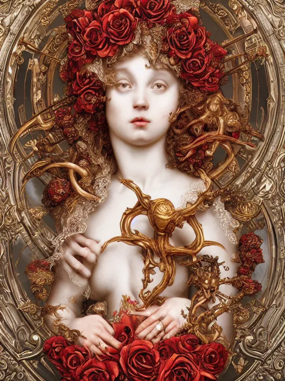 Prompt: a beautiful render of catholic rococo roses veiled red queen sculpture with symmetry intricate detailed,by Lawrence Alma-Tadema and aaron horkey and NekroXIII and Billelis and peter gric,Trending on artstation,ZBrush,maximalist,glittering,gold,silver,ivory,hyperreal,golden ratio,cinematic lighting