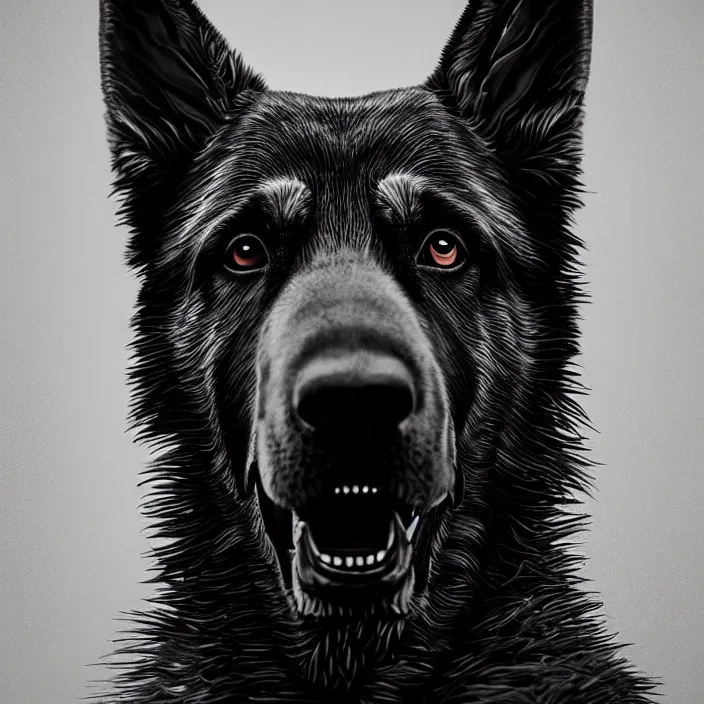 Prompt: portrait of german shepherd as skeleton. intricate abstract. intricate artwork. by Tooth Wu, wlop, beeple, dan mumford. octane render, trending on artstation, greg rutkowski, very coherent symmetrical artwork. cinematic, hyper realism, high detail, octane render, 8k, iridescent accents, deep blacks