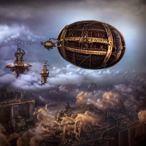 Prompt: A steampunk airship flying through the clouds towards a towards a steampunk city