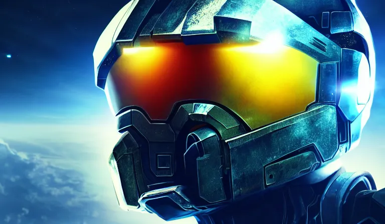 Image similar to cyberpunk halo helmet on space, planet behind, close shot, reflection, epic, dramatic, cinematic, award winning, ultra detailed, realistic, 8k,