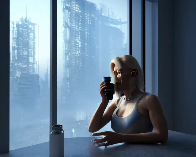 Image similar to a terminator cyborg lady with borg implants and optical fibers is drinking coffee near a window with dystopian city visible outside. very detailed 8 k. cyberpunk style. unreal engine render. global illumination. nanite. rtx. path tracing.