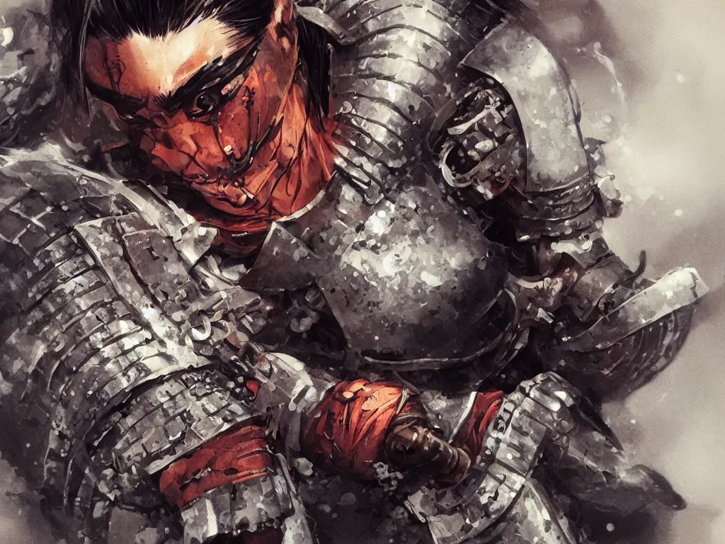 Prompt: close up of a wounded samurai in full armor, by fiona staples, kev walker and jesper ejsing