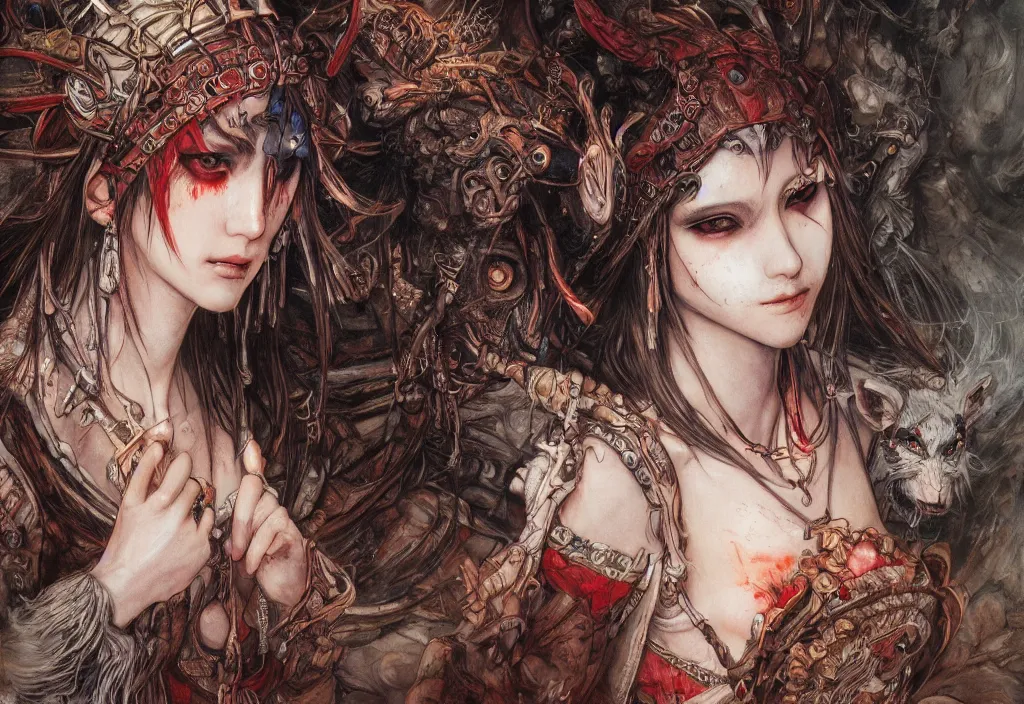 Prompt: breathtaking detailed painting of mononoke princess, by ayami kojima and brom, bloody twilight, detailed realistyc symmetrical facial features, amalgamation of embers and feathers, 8 k, concept art, matte, sharp focus, rembrandt style