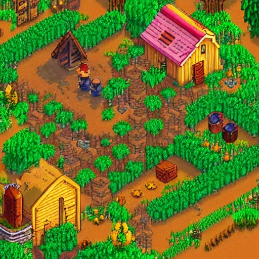 Image similar to an isometric render of a village, farm game, medieval, forest, stardew valley